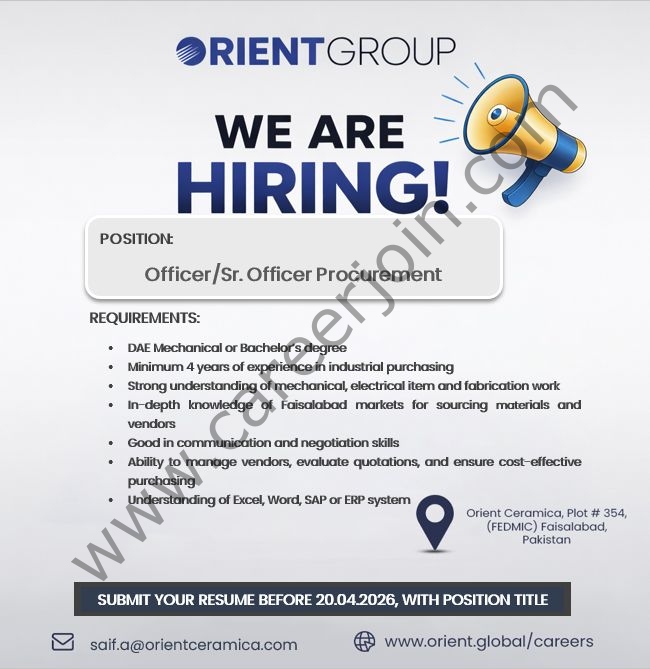 Orient Ceramics Jobs Officer / Sr Officer Procurement 1