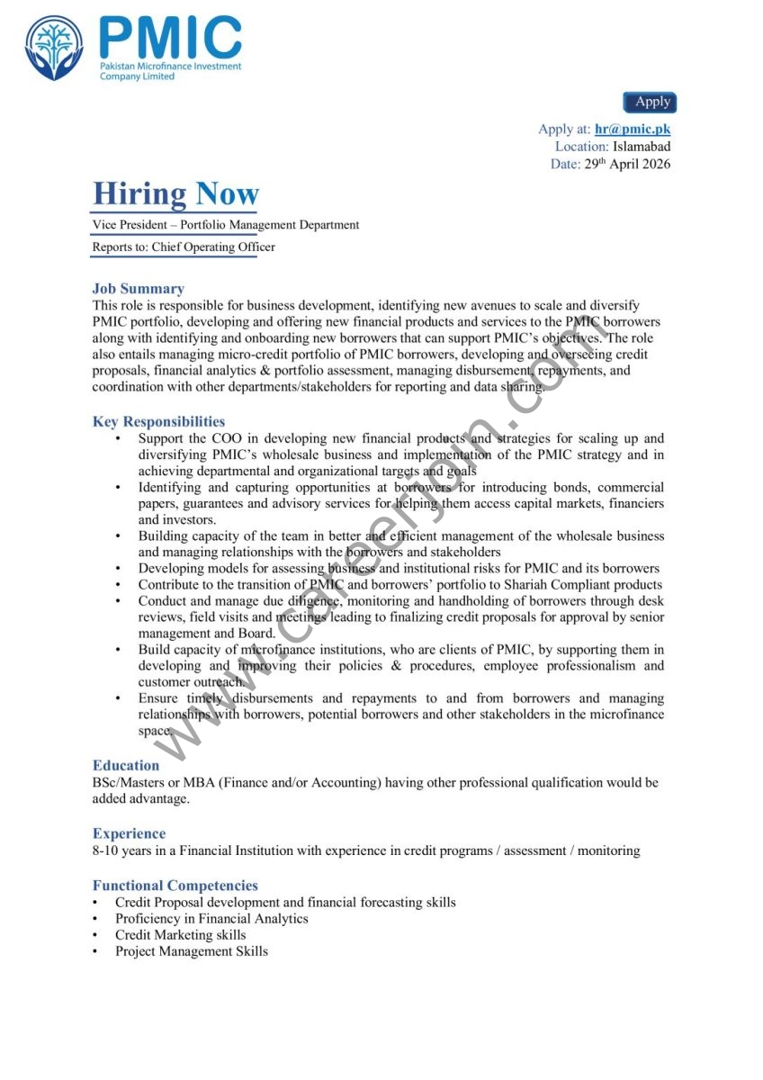 Pakistan Microfinance Investment Company Limited PMIC Jobs Vice President 1