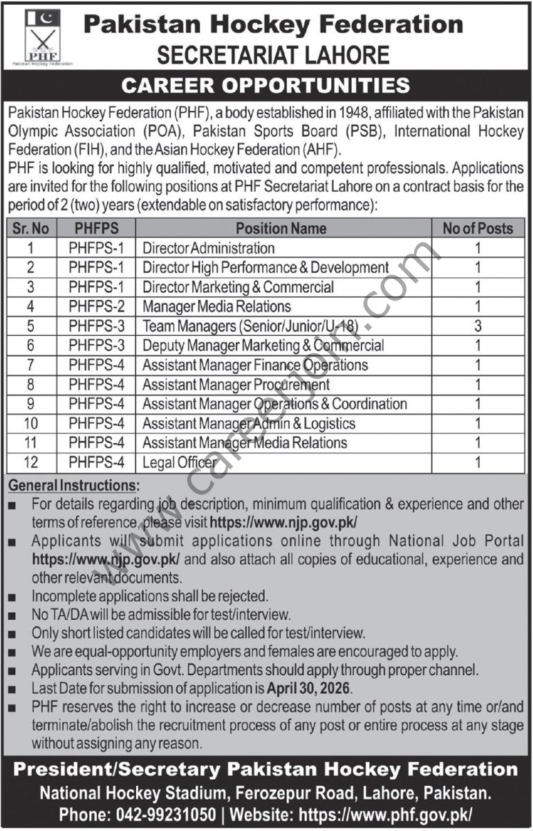 Pakistan Hockey Federation Jobs 16 April 2026 Express Tribune 1