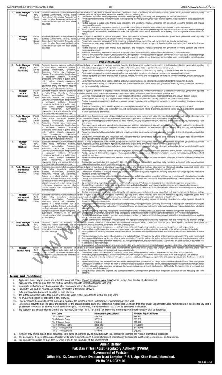 Pakistan Virtual Assets Regulatory Authority PVARA Jobs 03 April 2026 Express 2 1