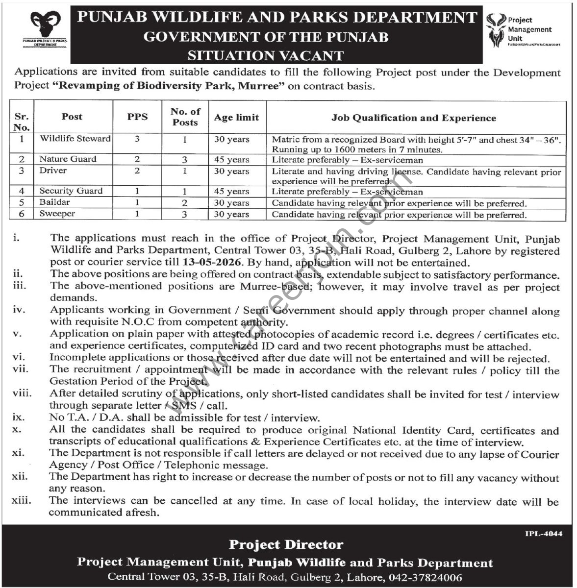 Punjab Wildlife & Parks Department Jobs 25 April 2026 Express Tribune 1