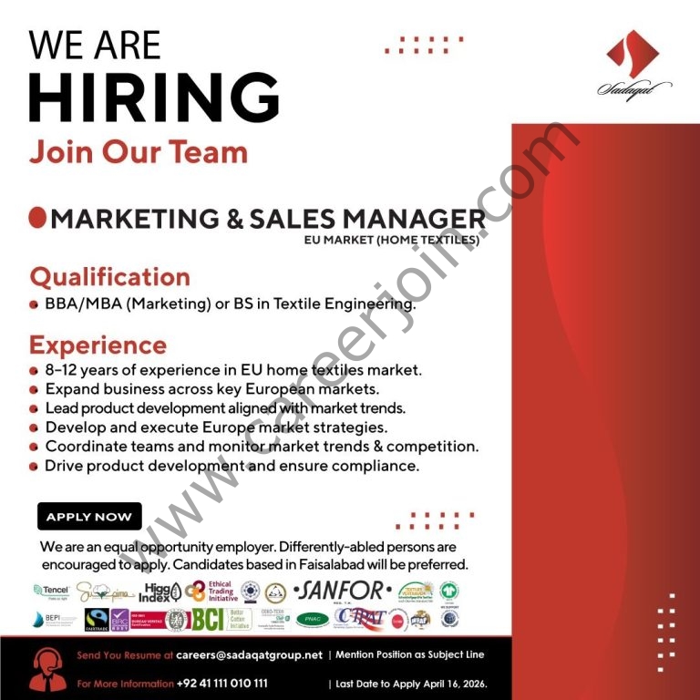 Sadaqat Limited Jobs April 2026