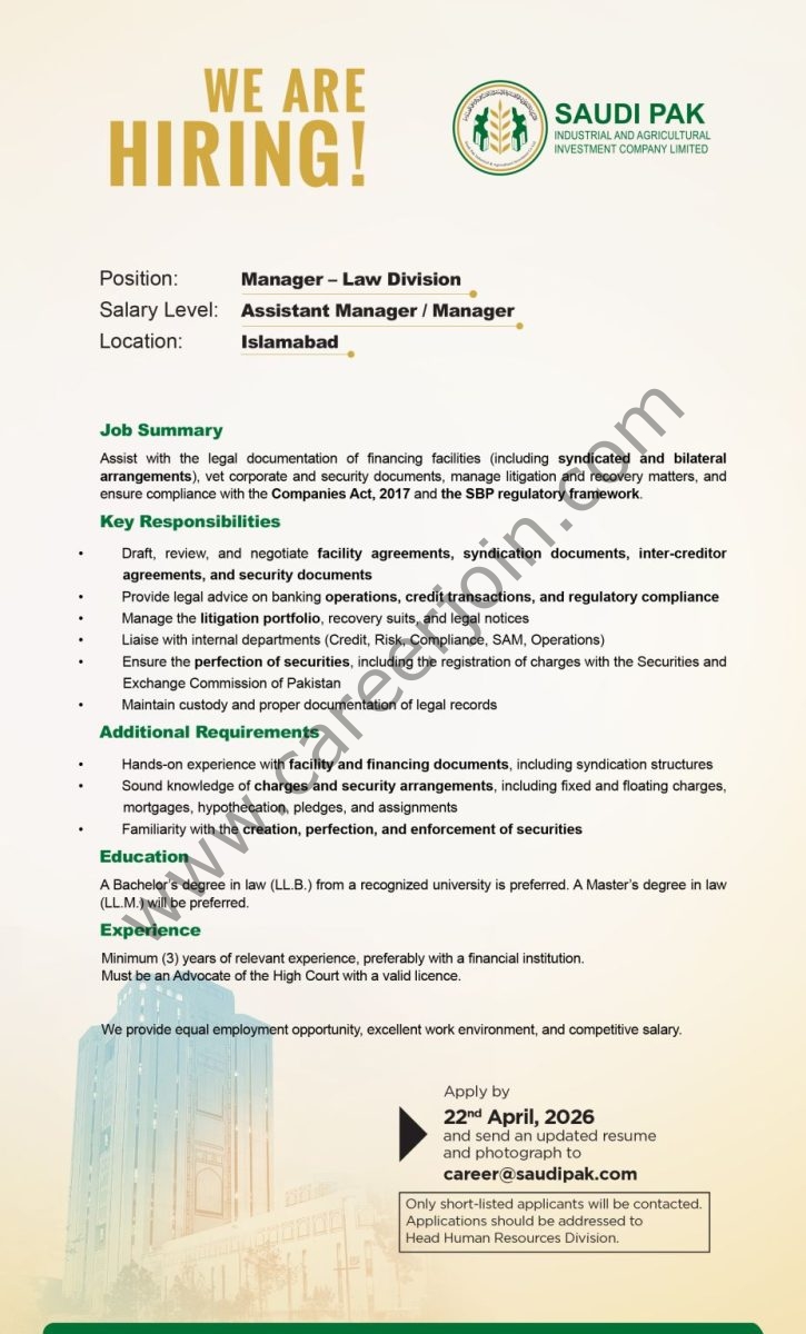 Saudi Pak Industrial & Agricultural Investment Company Limited Jobs Manager Law Division 1