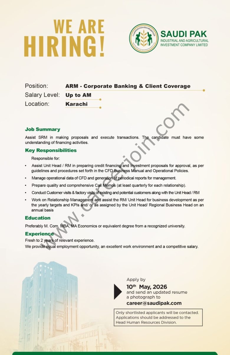 Saudi Pak Industrial & Agricultural Investment Company Limited Jobs Assistant Relationship Managers 1