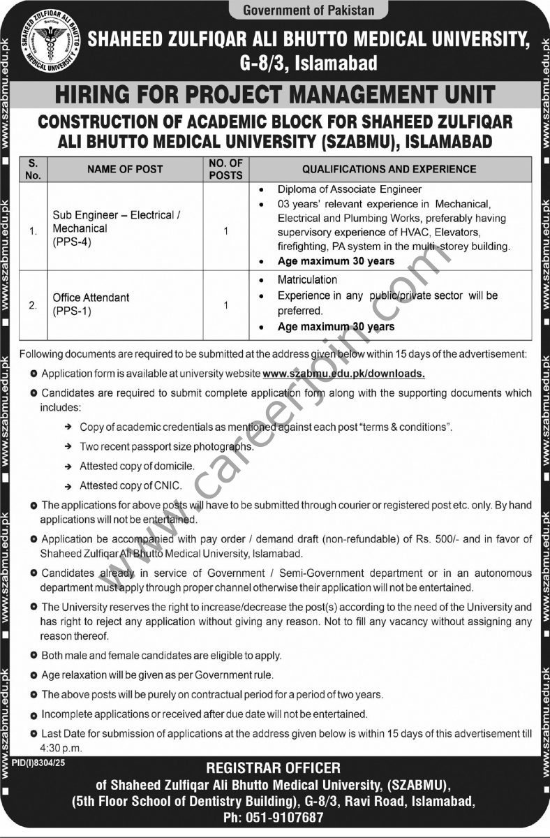 Shaheed Zulfiqar Ali Bhutto Medical University Jobs 15 April 2026 Express Tribune 1