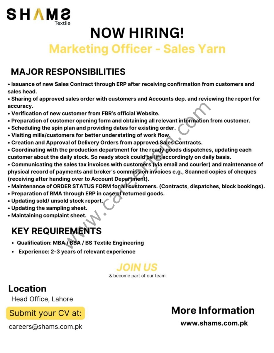 Shams Textile Mills Limited Jobs Marketing Officer 1