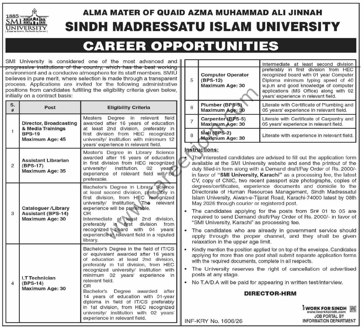 Sindh Madressatu Islam University Jobs 26 April 2026 Dawn 1