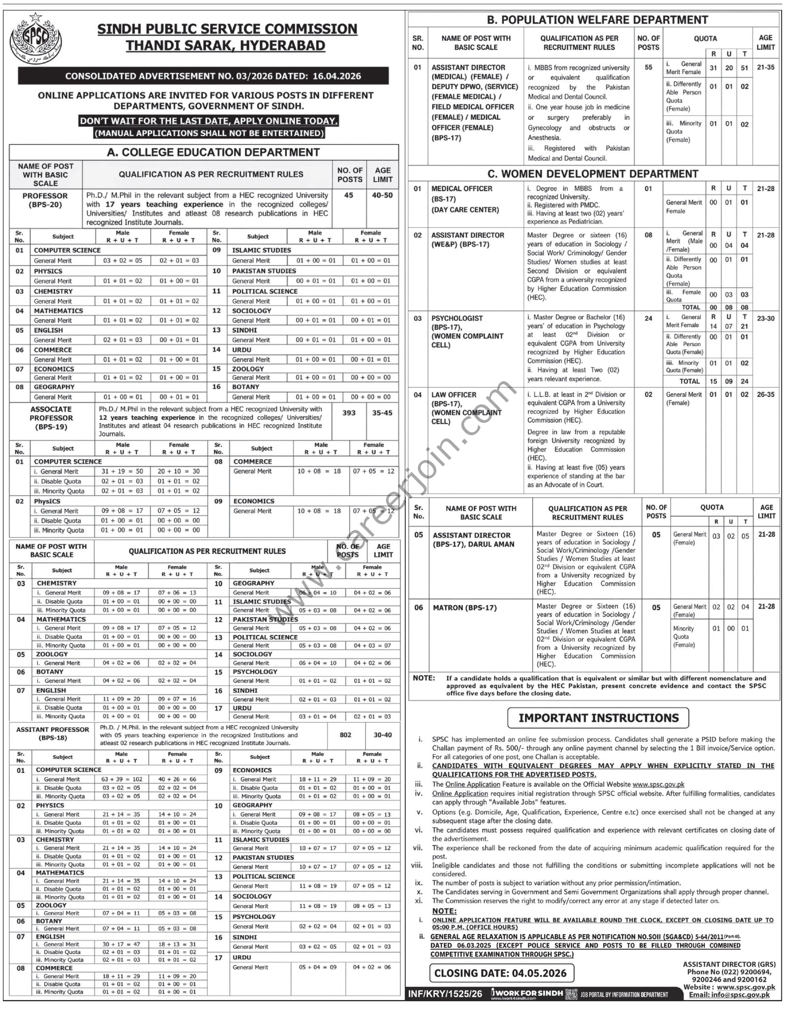 Spsc Software Sindh Public Service Commission SPSC Jobs April 2026