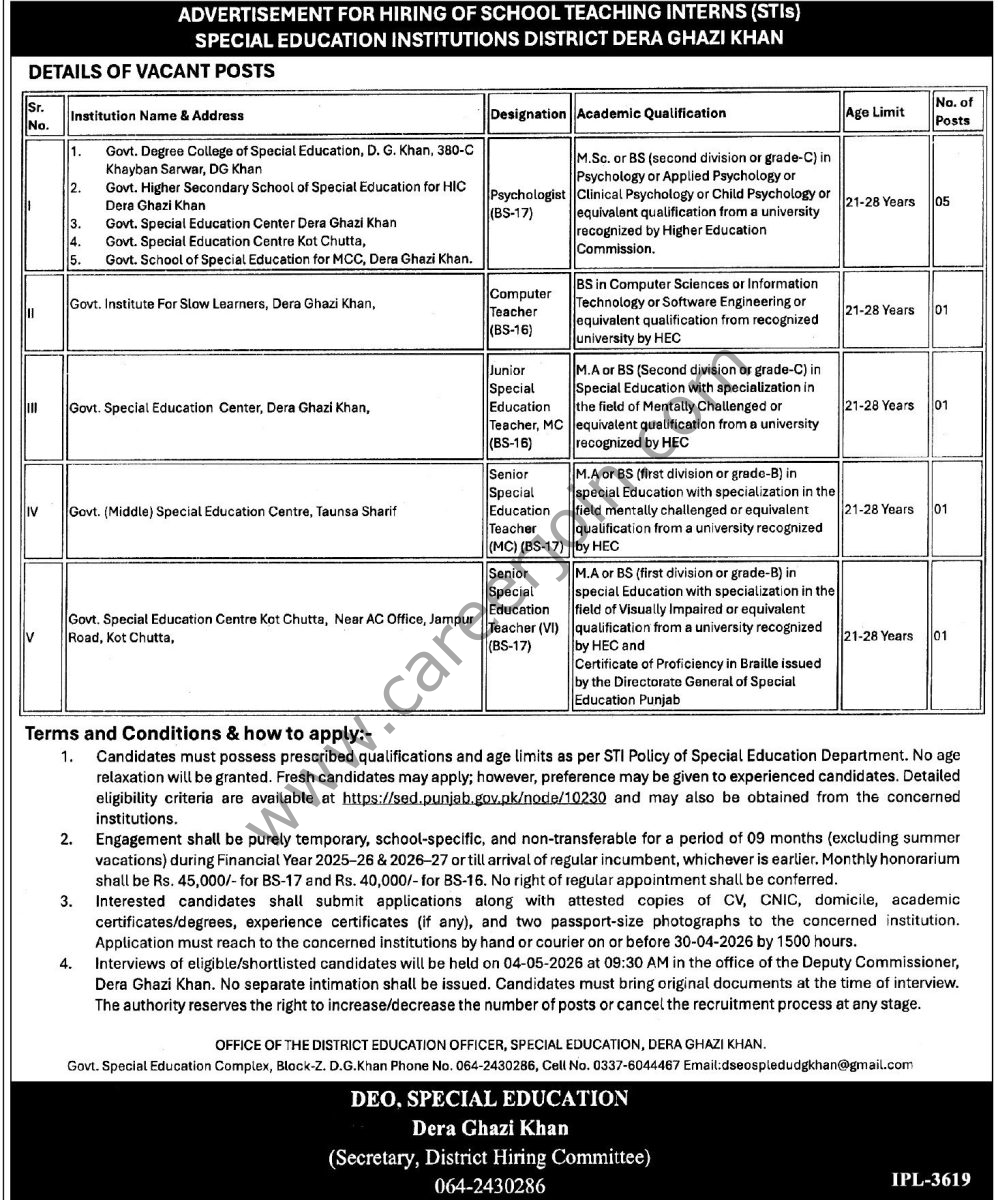 Special Education Institutions District DG Khan Jobs 15 April 2026 Express Tribune 1