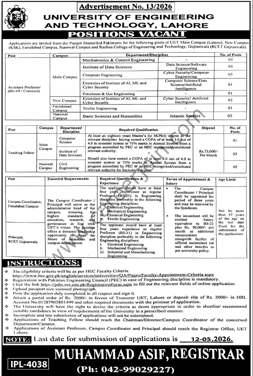 University of Engineering & Technology UET Lahore Jobs 26 April 2026 Express Tribune 1