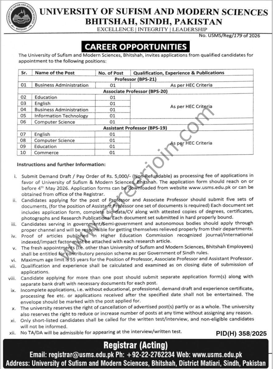 University of Sufism & Modern Sciences Bhitshah Sindh Jobs 04 April 2026 Express Tribune 1