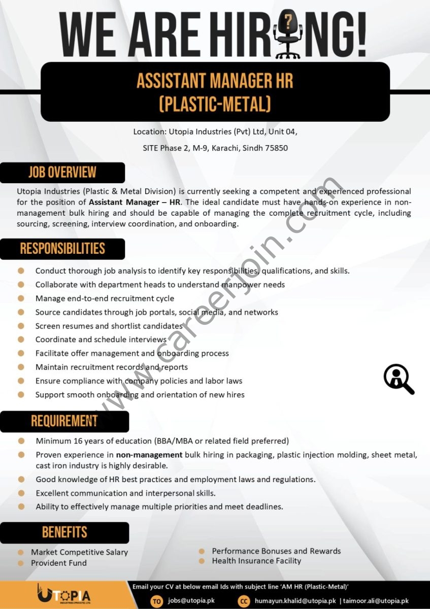 Utopia Industries Pvt Ltd Jobs Assistant Manager HR 1