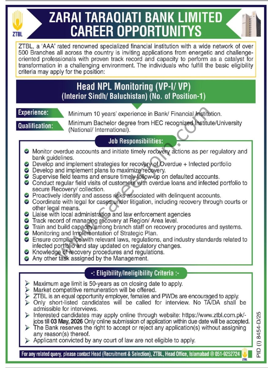 Zarai Taraqiati Bank Ltd ZTBL Jobs 19 April 2026 Express Tribune 1