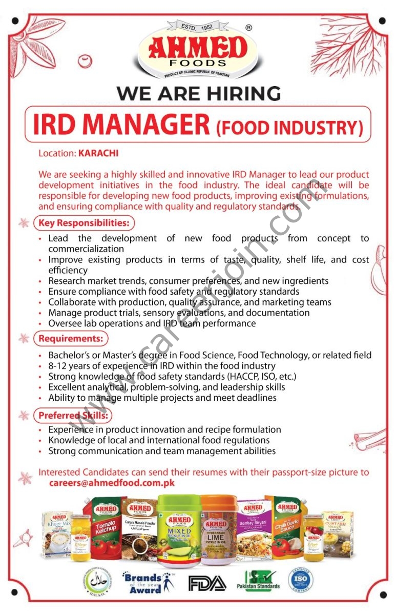 Ahmed Foods Pvt Ltd Jobs IRD Manager 1