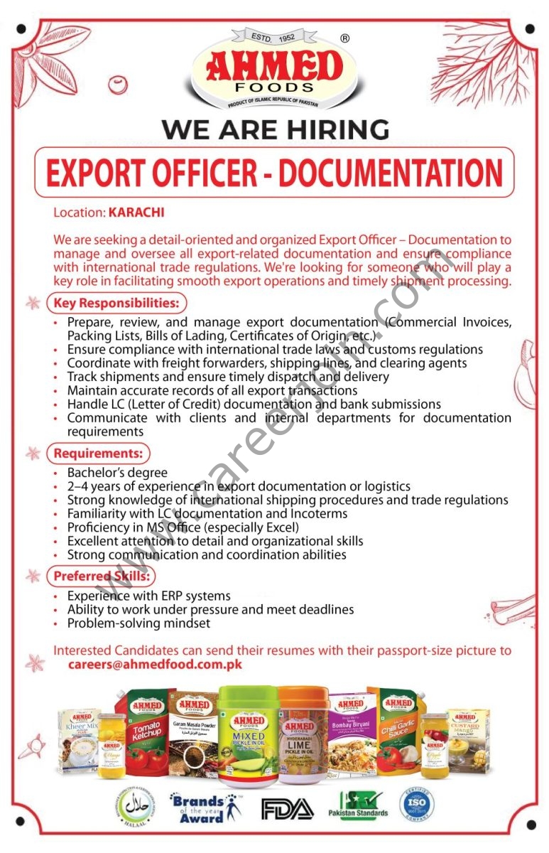 Ahmed Food Products Jobs Export Officer Documentation  1