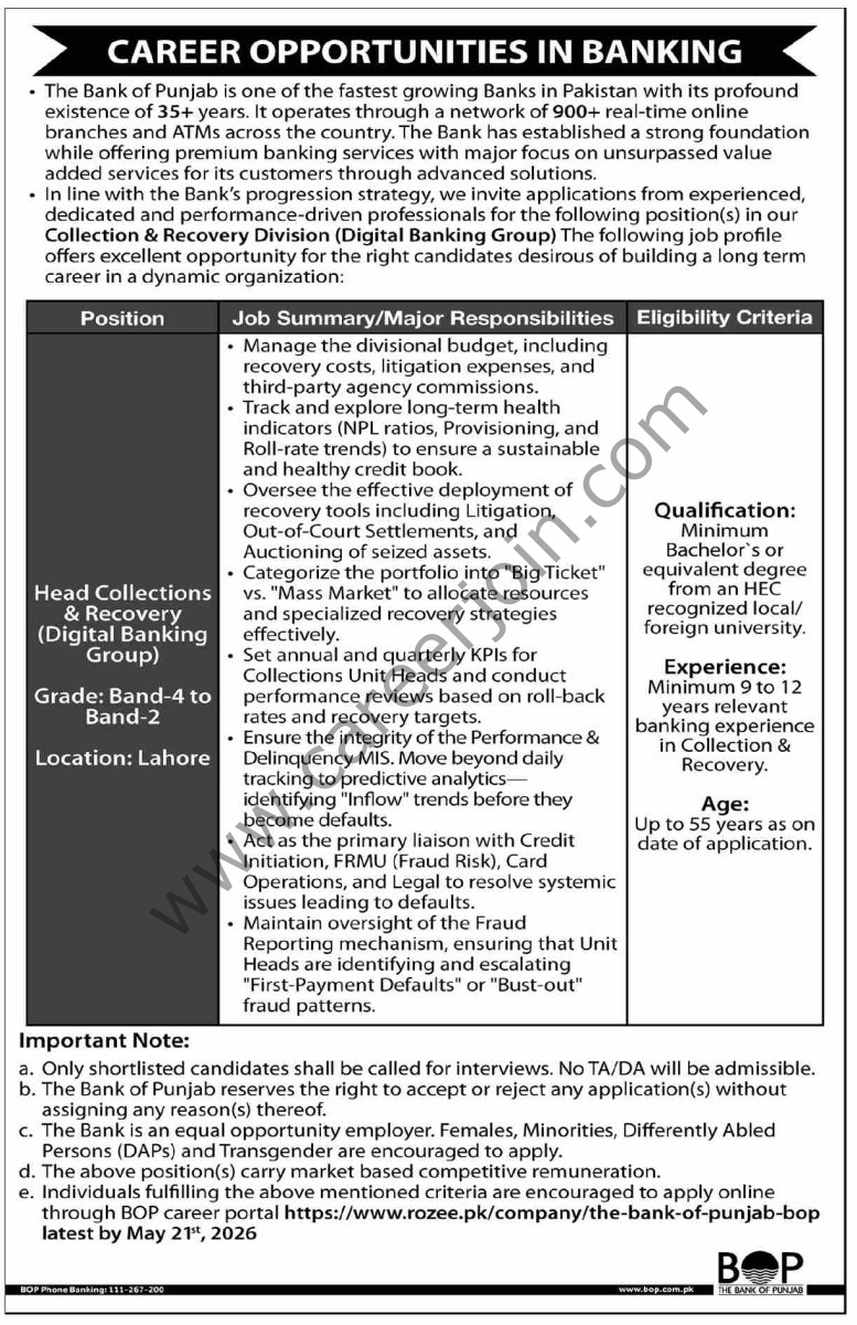 Bank of Punjab BOP Jobs 06 May 2026 Dawn 1