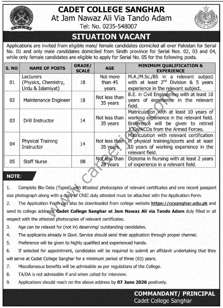 Cadet College Sanghar Jobs 17 May 2026 Dawn 1