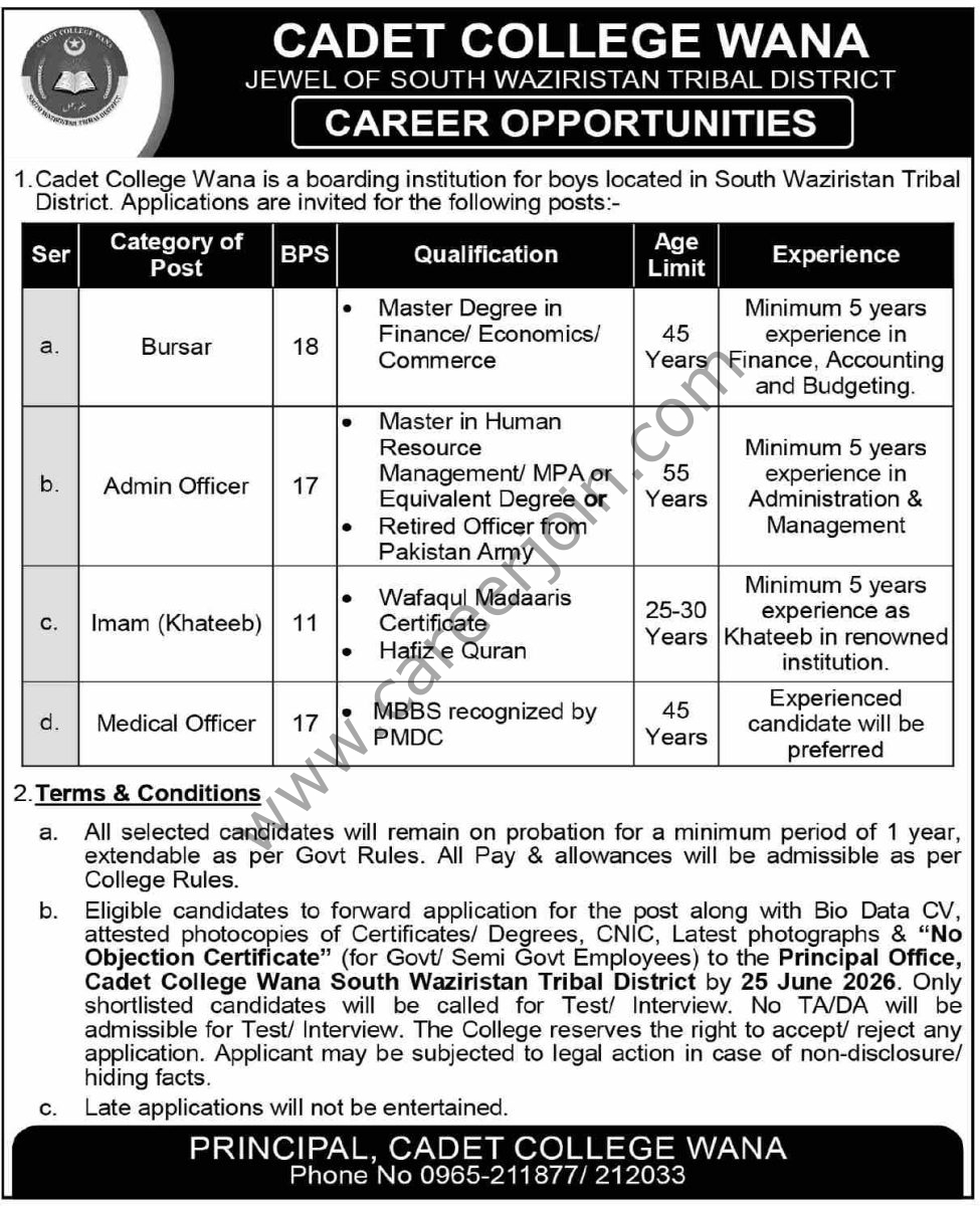 Cadet College Wana Jobs 17 May 2026 Dawn 1