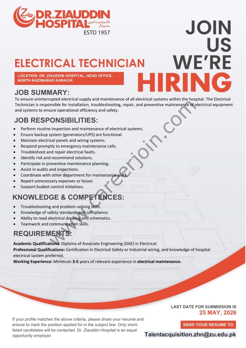 Dr Ziauddin Hospital Jobs Electrical Technician  2