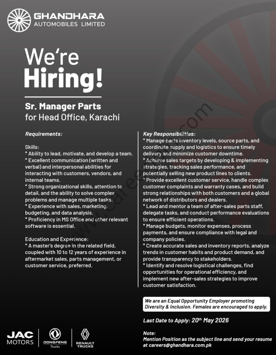 Ghandhara Industries Limited Jobs Sr Manager Parts  1