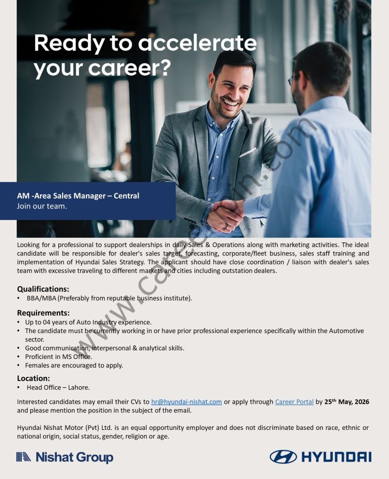 Hyundai Nishat Motor Pvt Ltd Jobs AM Area Sales Manager 1