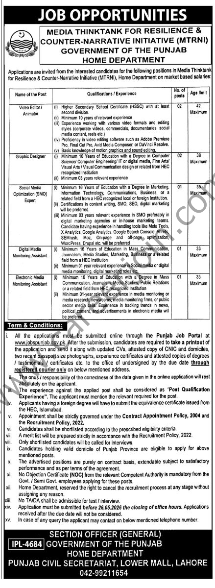 Home Department Punjab Jobs 12 May 2026 Express Tribune 5