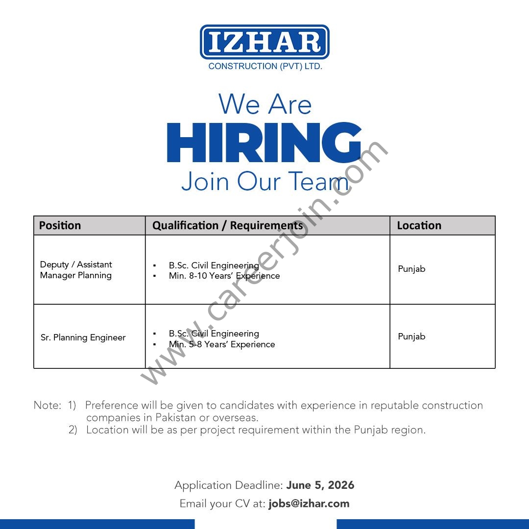 Izhar Construction Pvt Ltd Jobs May 2026 1