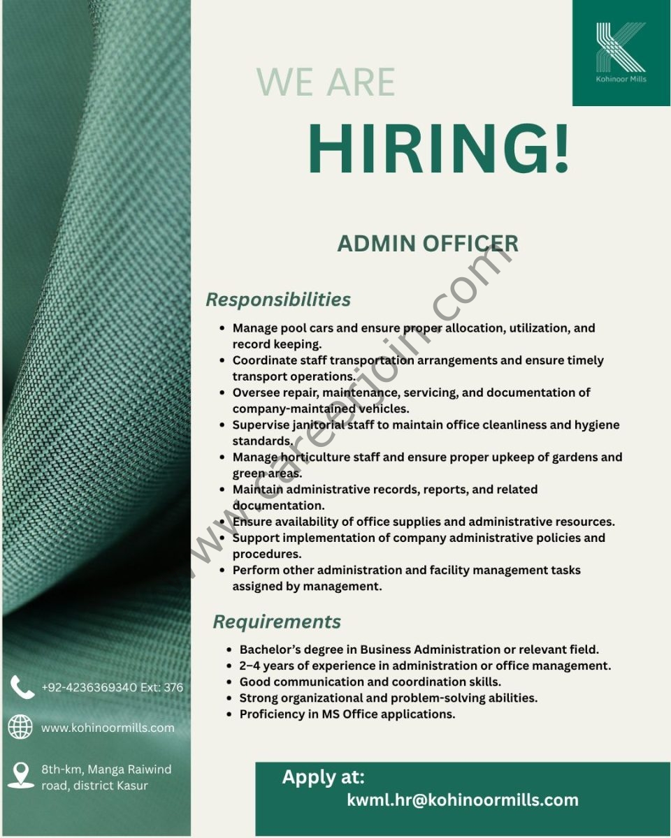 Kohinoor Mills Limited Jobs Admin Officer 1