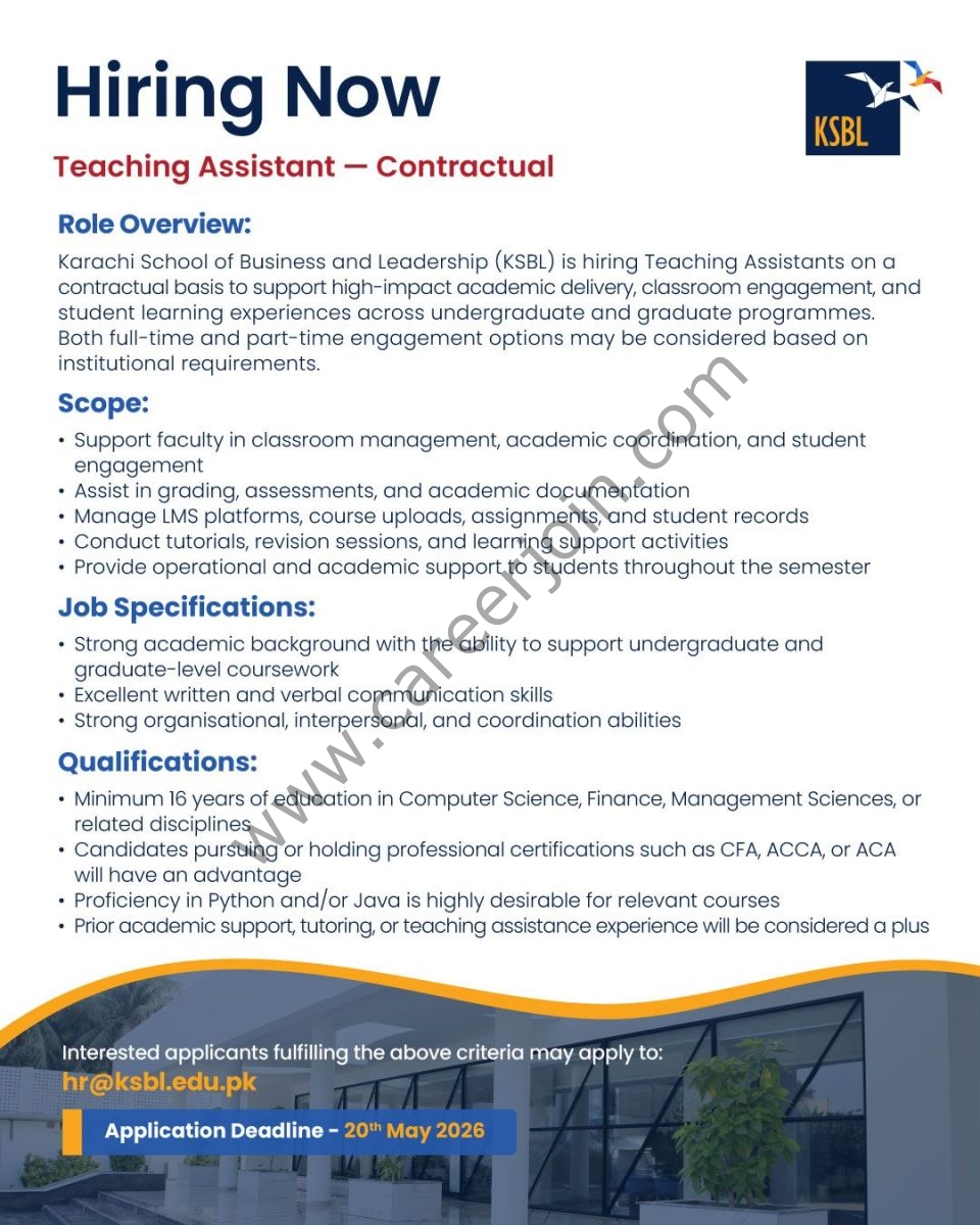 Karachi School of Business & Leadership KSBL Jobs Teaching Assistants 1