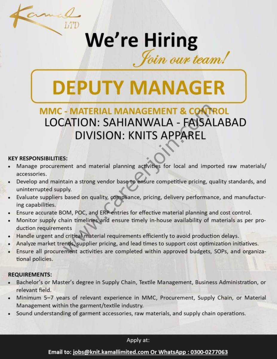Kamal Limited Jobs Deputy Manager MMC 1