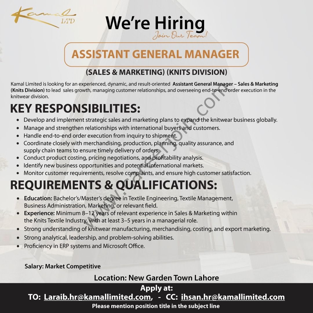Kamal Limited Jobs Assistant General Manager (Sales & Marketing) 1