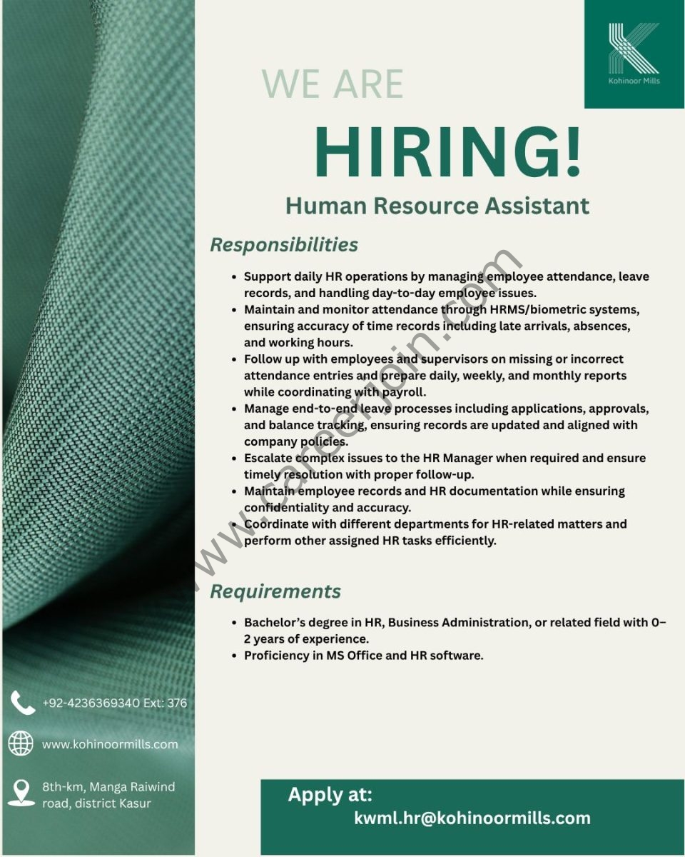 Kohinoor Mills Limited Jobs Human Resource Assistant  1