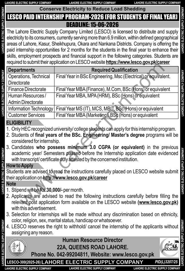 Lahore Electric Supply Co Ltd LESCO Internship 21 May 2026 Express 1