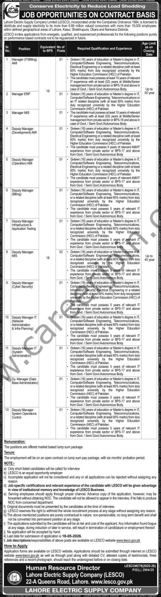 Lahore Electric Supply Co Ltd LESCO Jobs 03 May 2026 Express 1