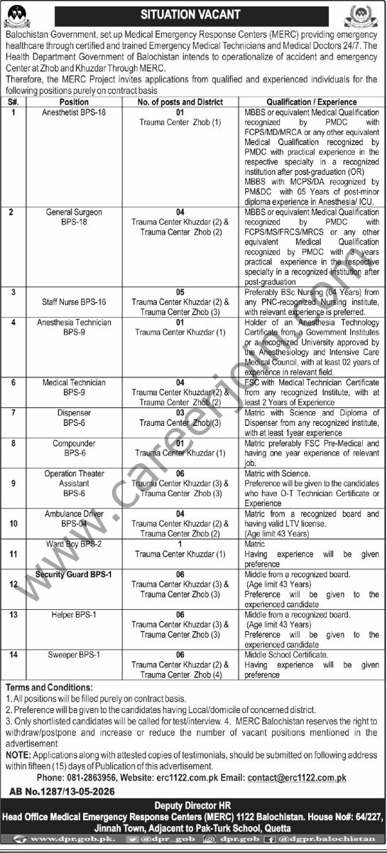 Medical Emergency Response Centers (MERC) Jobs 14 May 2026 Express Tribune 1