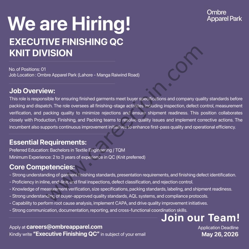 Ombre Apparel Park Jobs Executive Finishing QC 1