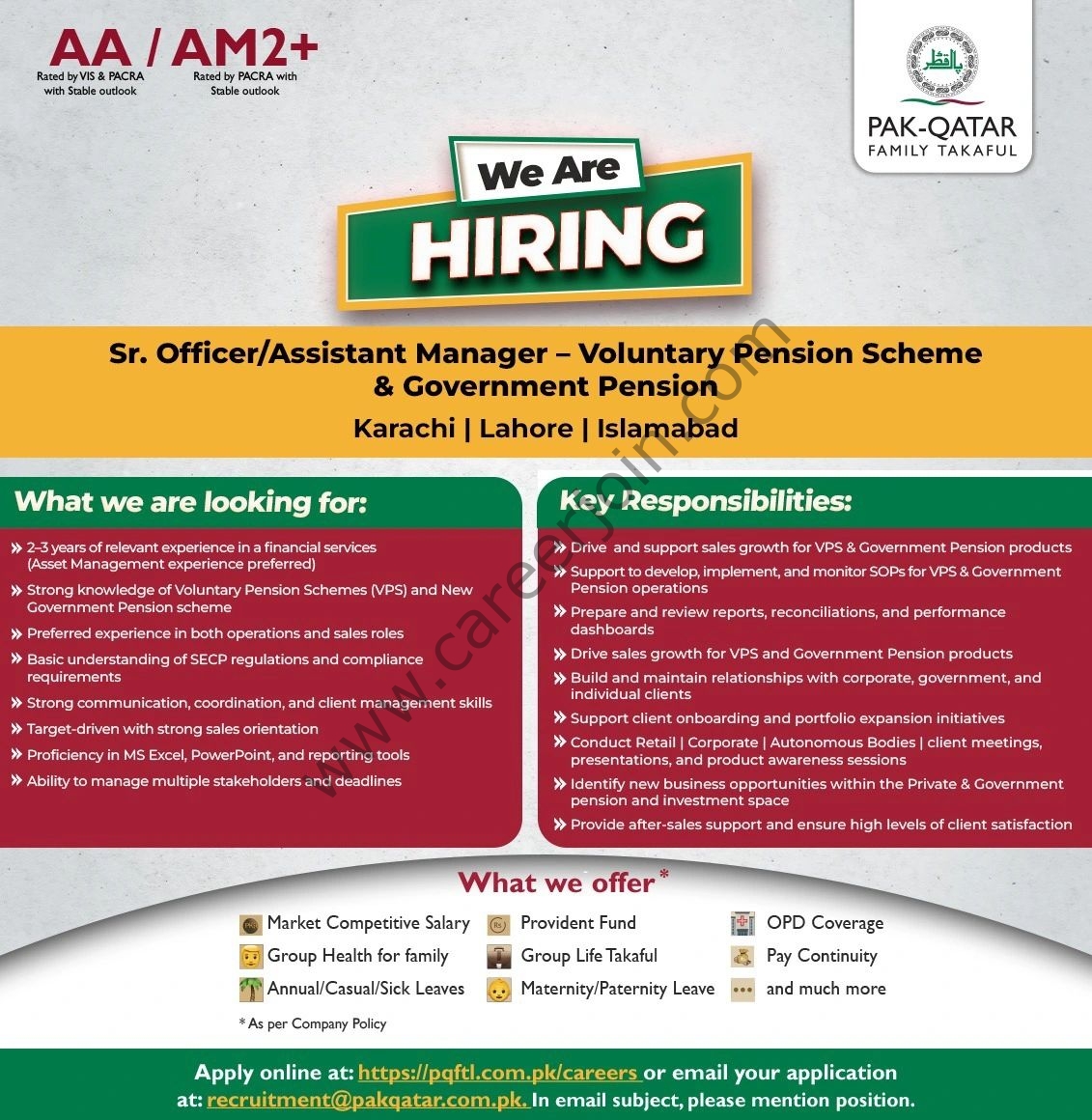 Pak Qatar Family Takaful Group Jobs Sr Officer / Assistant Manager Voluntary Pension Scheme & Government Pension 1