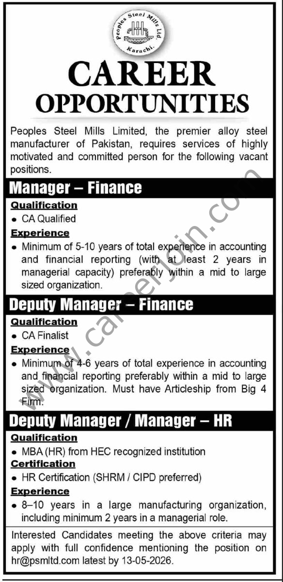 Peoples Steel Mills Ltd PSML Jobs 03 May 2026 Dawn 1