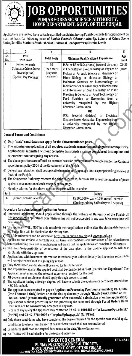 Punjab Forensic Science Authority PFSA Jobs 15 May 2026 Express Tribune 1