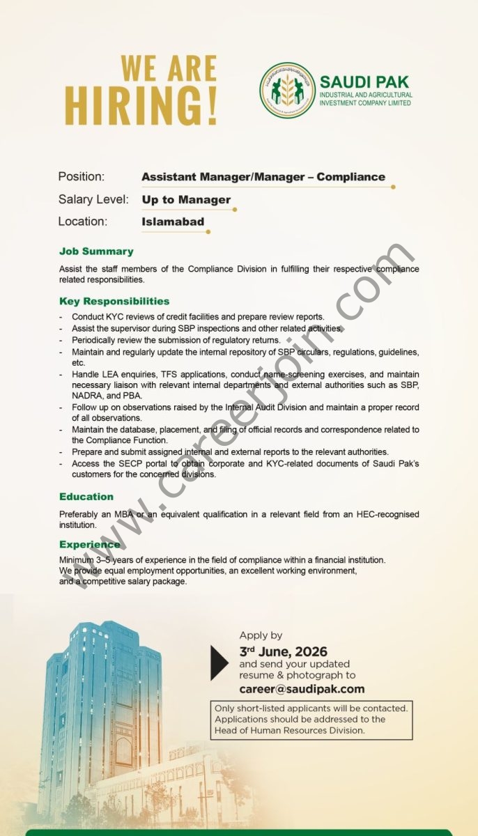 Saudi Pak Industrial & Agricultural Investment Company Limited Jobs Manager / Assistant Manager Compliance 1