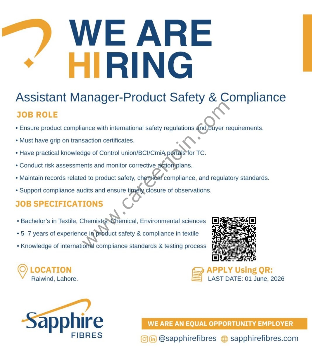Sapphire Fibres Limited Jobs Assistant Manager Product Safety & Compliance 1