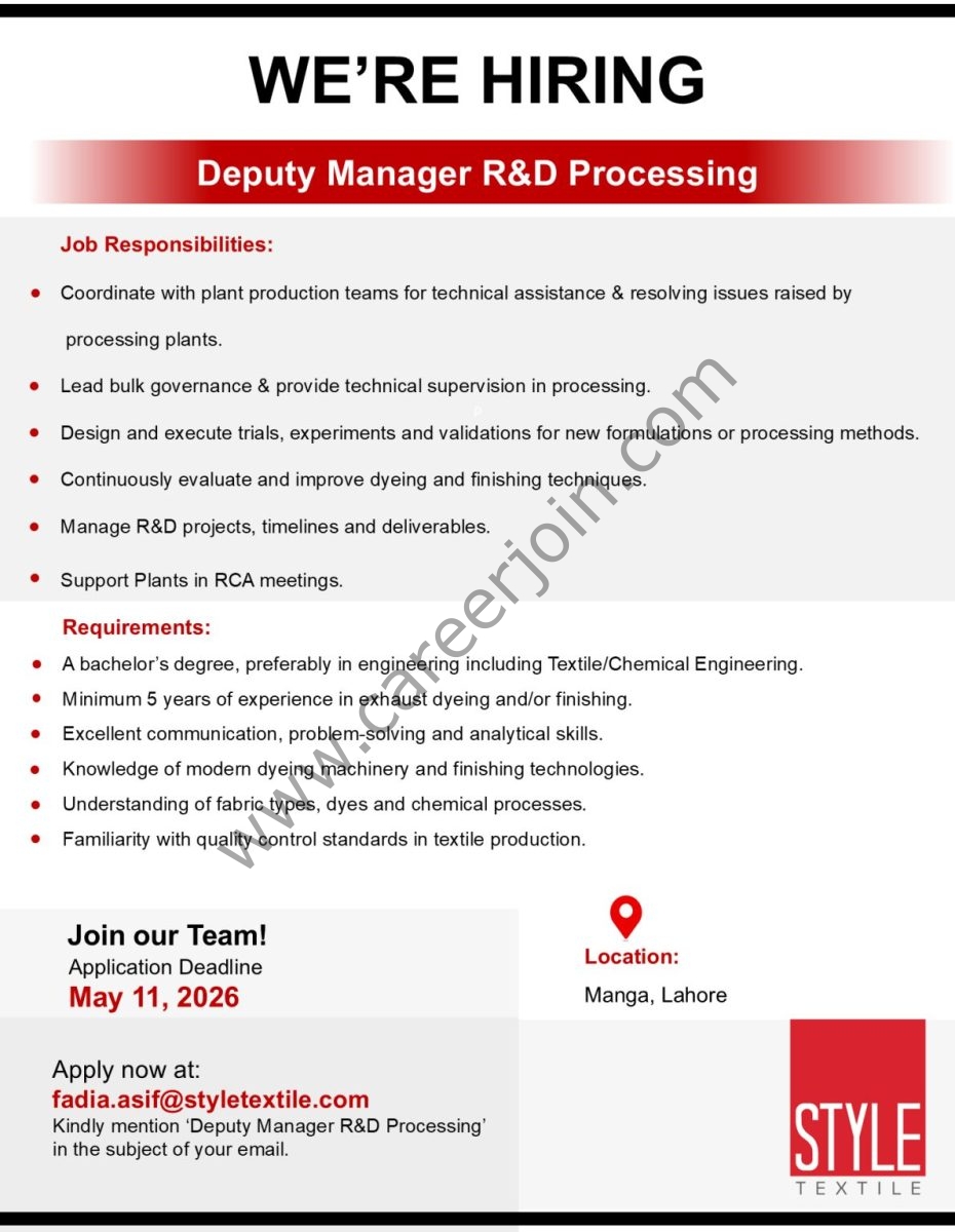 Style Textile Pvt Ltd Jobs Deputy Manager R&D Processing 1