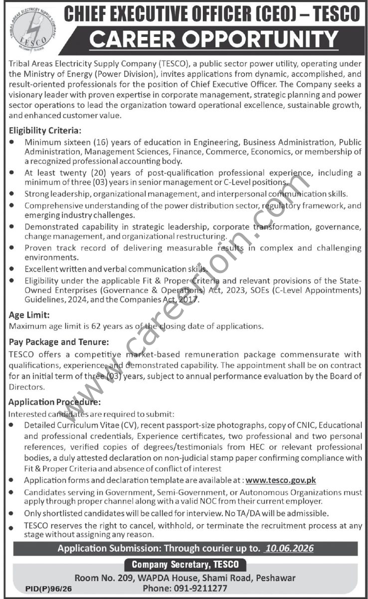 Tribal Areas Electricity Supply Co TESCO Jobs 24 May 2026 Express Tribune 1