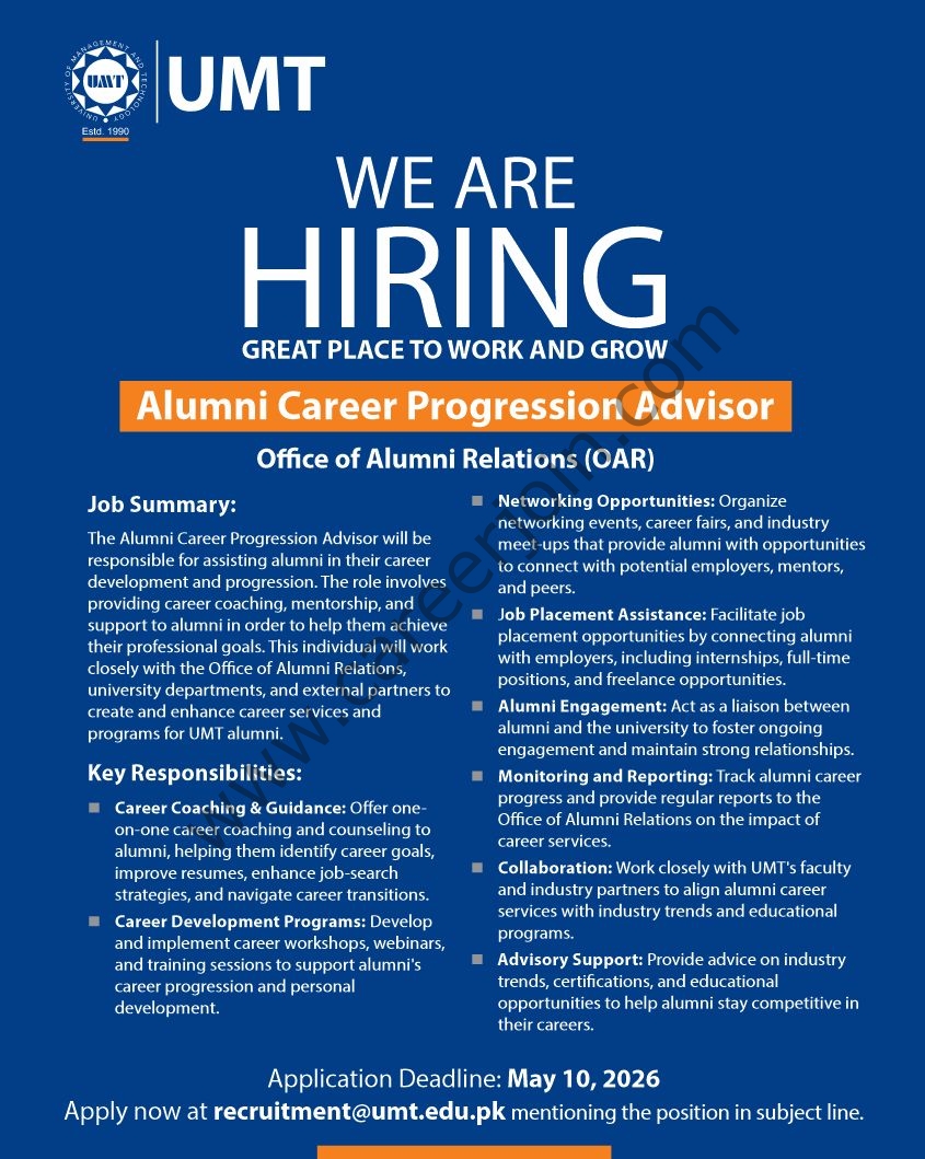University Of Management Technology UMT Jobs Alumni Career Progression Advisor 1