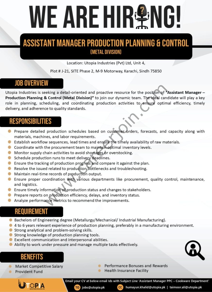 Utopia Industries Pvt Ltd Jobs Assistant Manager Production Planning & Control  1