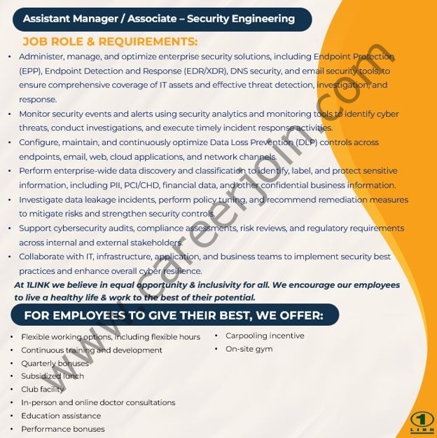 1Link Pvt Ltd Jobs Assistant Manager / Associate Security Engineering 2