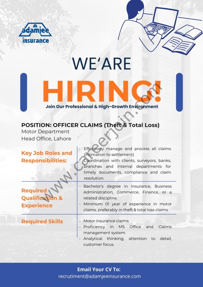Adamjee Life Insurance Company Jobs Officer Motor Claims 1