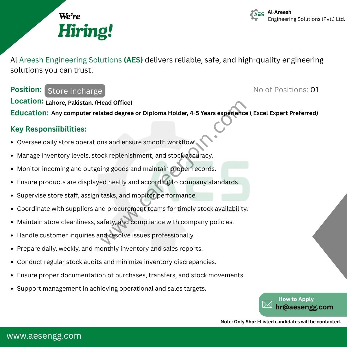 Al Areesh Engineering Solutions (AES) Jobs Store Incharge 1