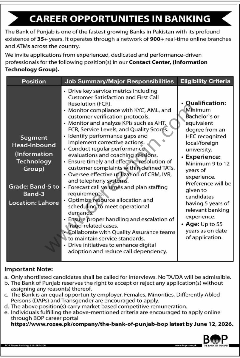 Bank of Punjab BOP Jobs 03 June 2026 Dawn 12