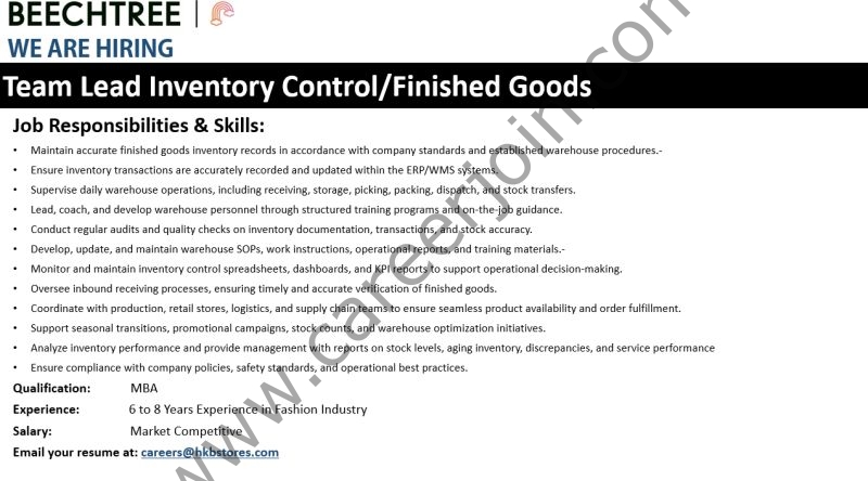 Beechtree Jobs Team Lead Inventory Control/Finished Goods 1